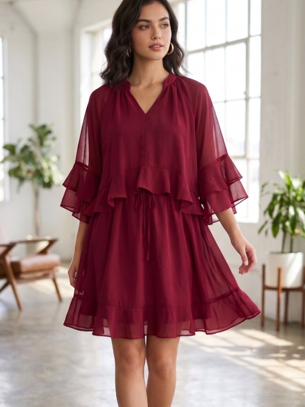 NWT Ecowish Burgundy Red Chiffon Tiered Ruffle Layered A-Line Mini Dress Medium